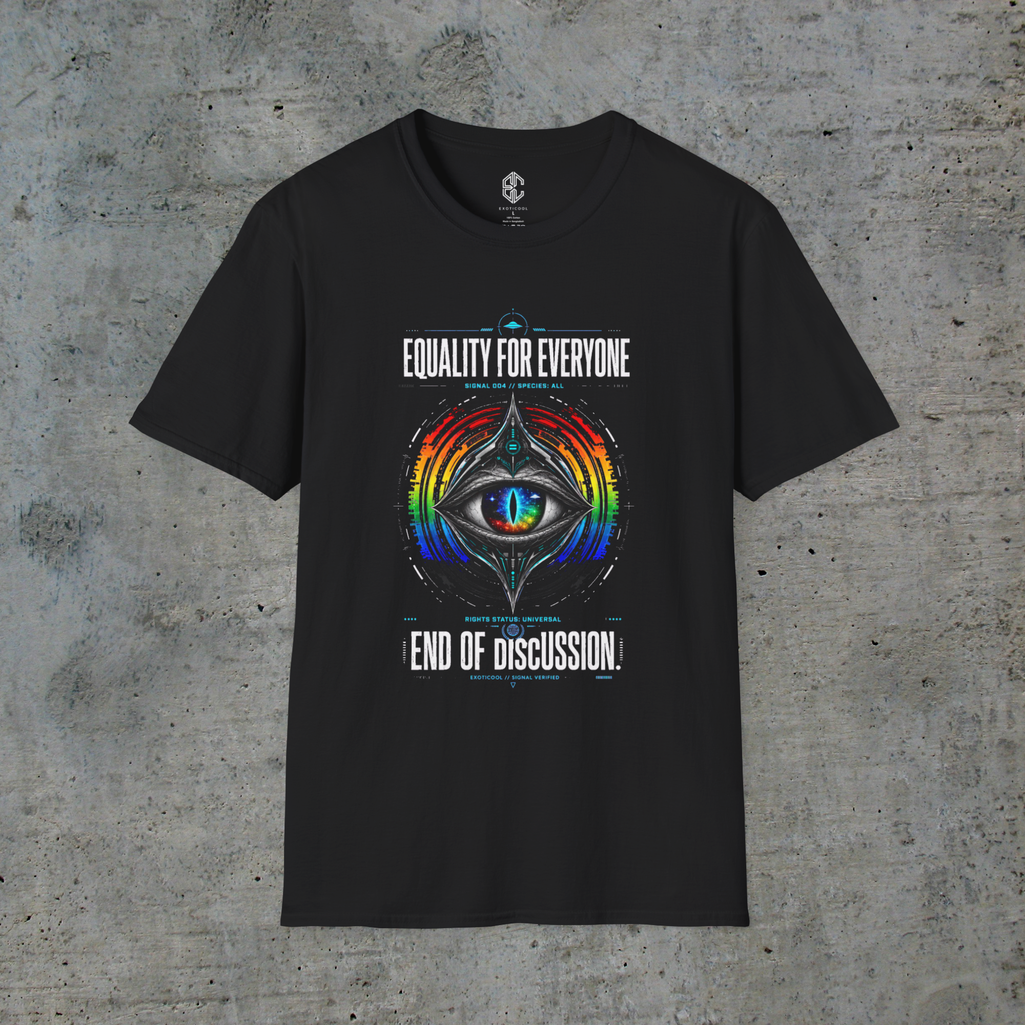 Front view of black shirt saying Equality for Everyone graphic T-shirt with colorful alien pride artwork