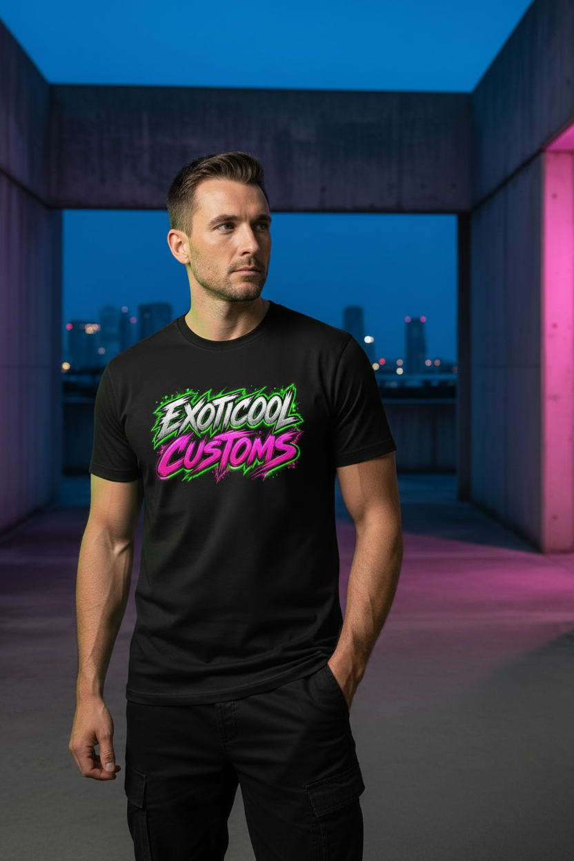 Model wearing Exoticool Customs graphic apparel