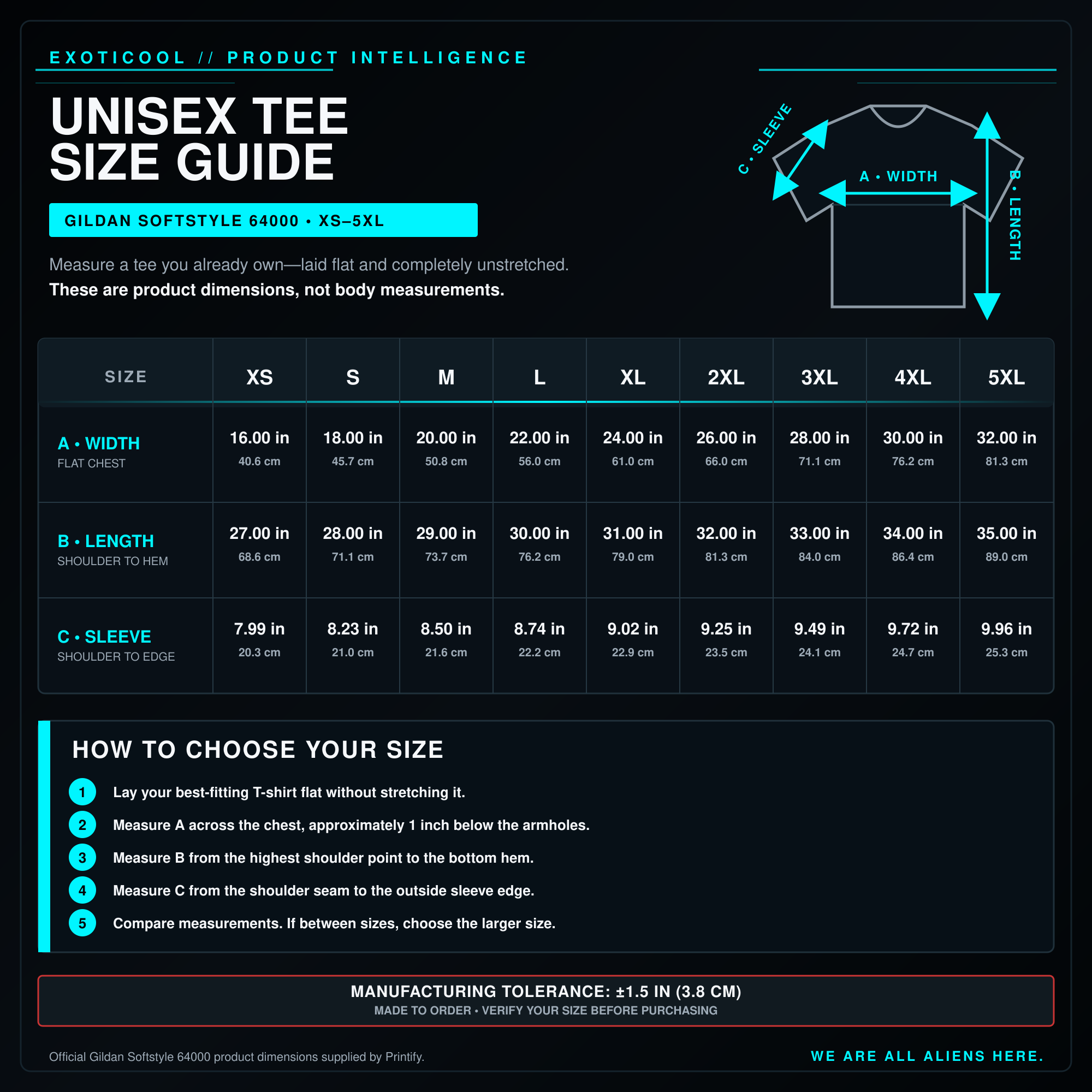 Exoticool unisex graphic tee size chart with garment width, length and sleeve measurements.