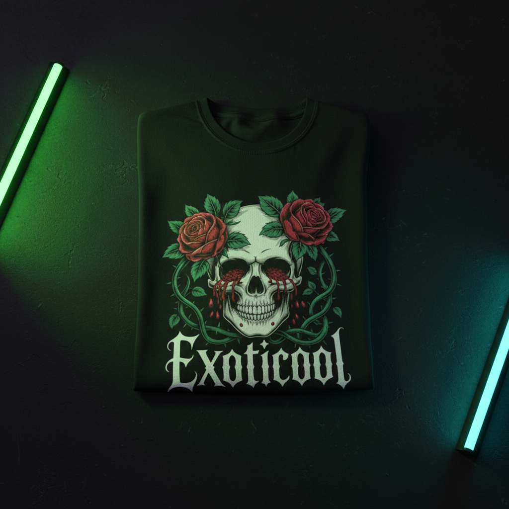 -Exoticool System Glitch graphic tee folded product shot — skull and roses design with Exoticool branding — dark aesthetic cyberpunk streetwear limited drop-
