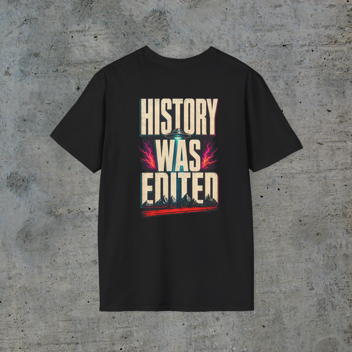 Back of black They Were Here First UFO graphic tee reading History Was Edited