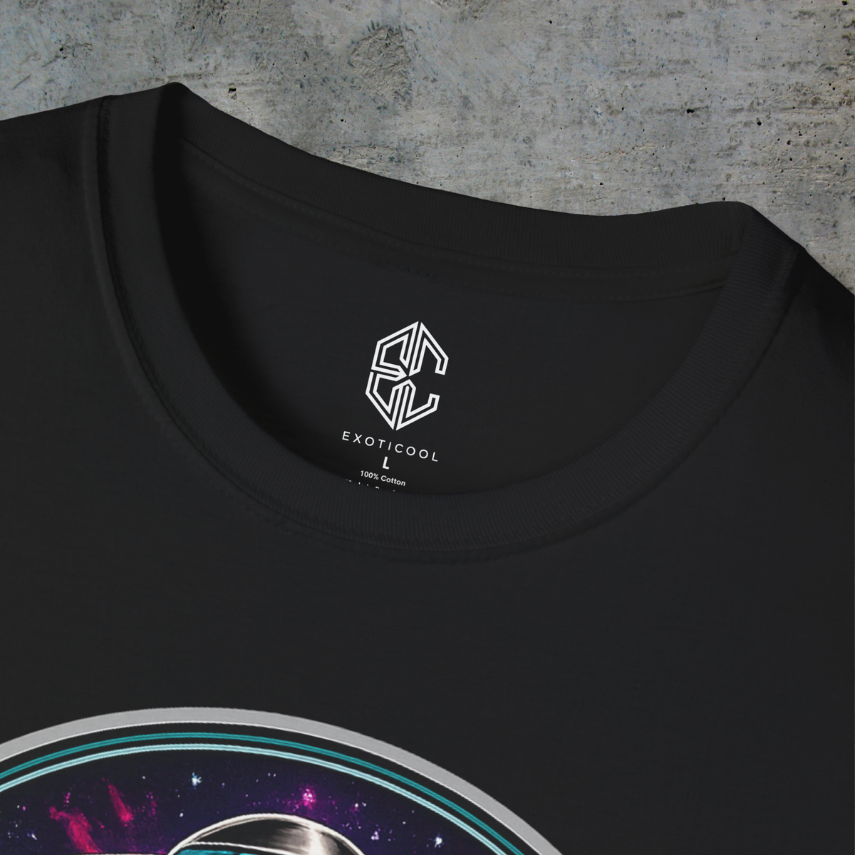 Close-up of the Exoticool printed neck label and collar on the black They Were Here First graphic tee