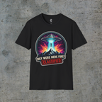 Front view of black They Were Here First alien abduction graphic tee with UFO, mountains and classified artwork