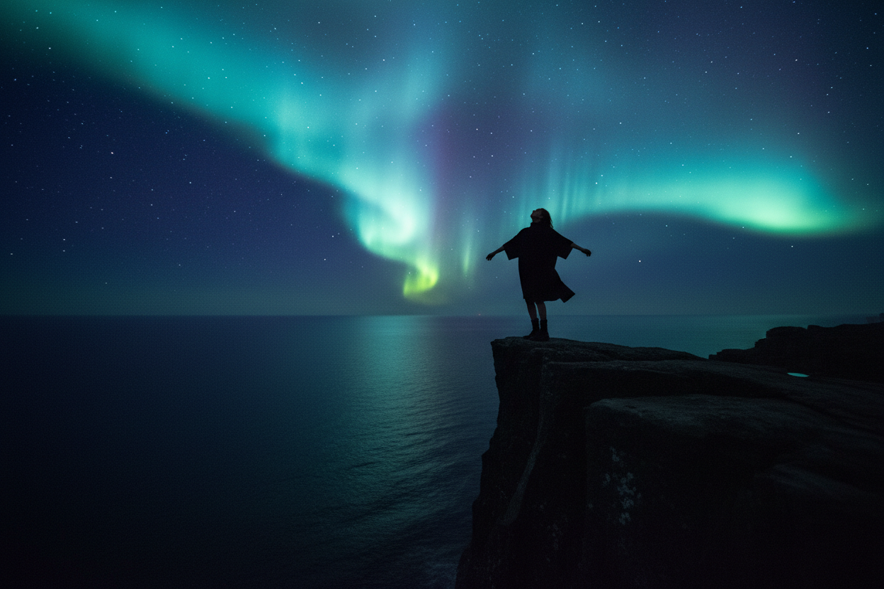Person in black graphic tee standing at cliff edge overlooking ocean at night with cyan aurora lights and star-filled sky — Exoticool alien streetwear