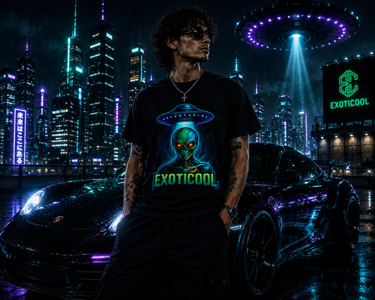 Model wearing Exoticool System Glitch alien streetwear T-shirt beside a black Porsche on a neon-lit cyberpunk rooftop at night.