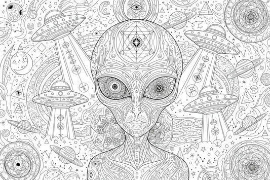 Alien with intricate patterns, surrounded by UFOs and planets, black and white design
