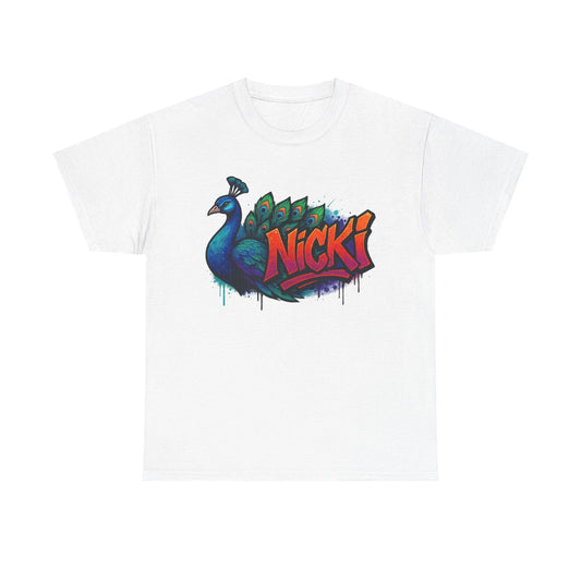White t-shirt with colorful peacock and bold Nicki graffiti text design