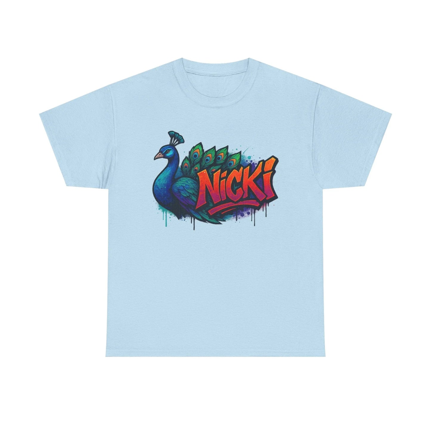 Light blue t-shirt with colorful peacock and bold Nicki graffiti text graphic