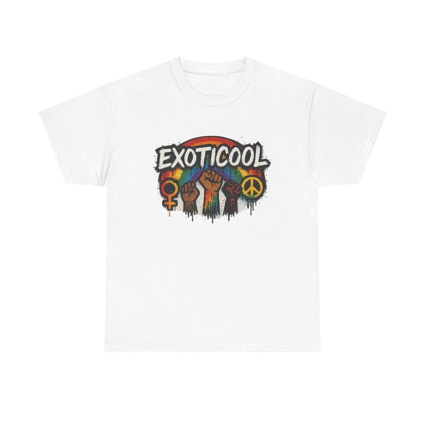 White EXOTICOOL t-shirt with rainbow, raised fists, peace, and gender symbols graphic