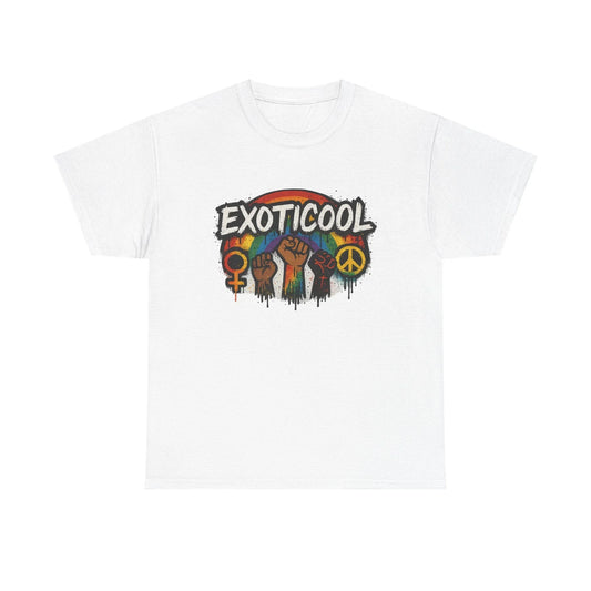 White EXOTICOOL t-shirt with rainbow, raised fists, peace, and gender symbols graphic
