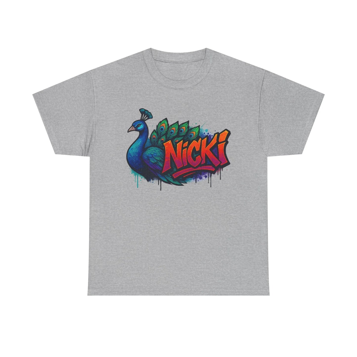 Gray t-shirt with colorful peacock and bold Nicki graffiti art design