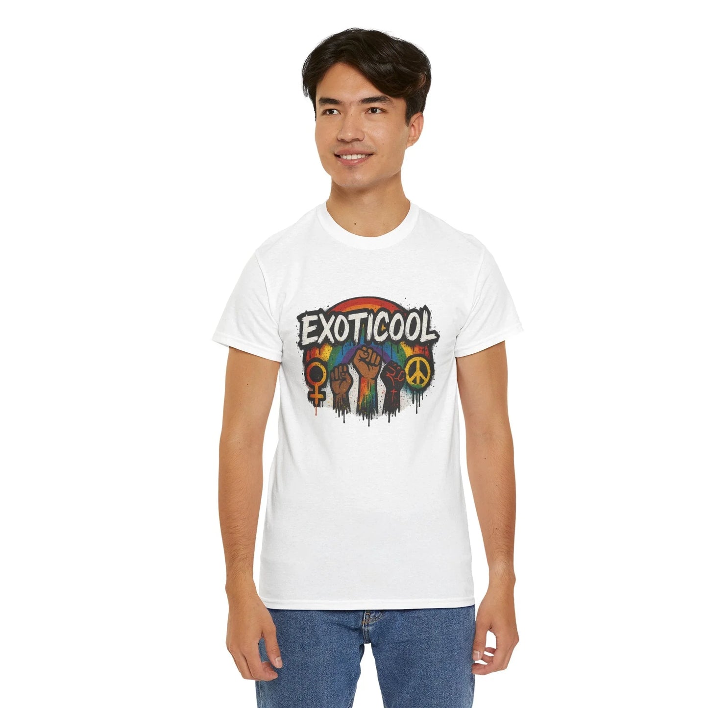 Man wearing white EXOTICOOL graphic t-shirt with rainbow, fists, symbols, peace sign