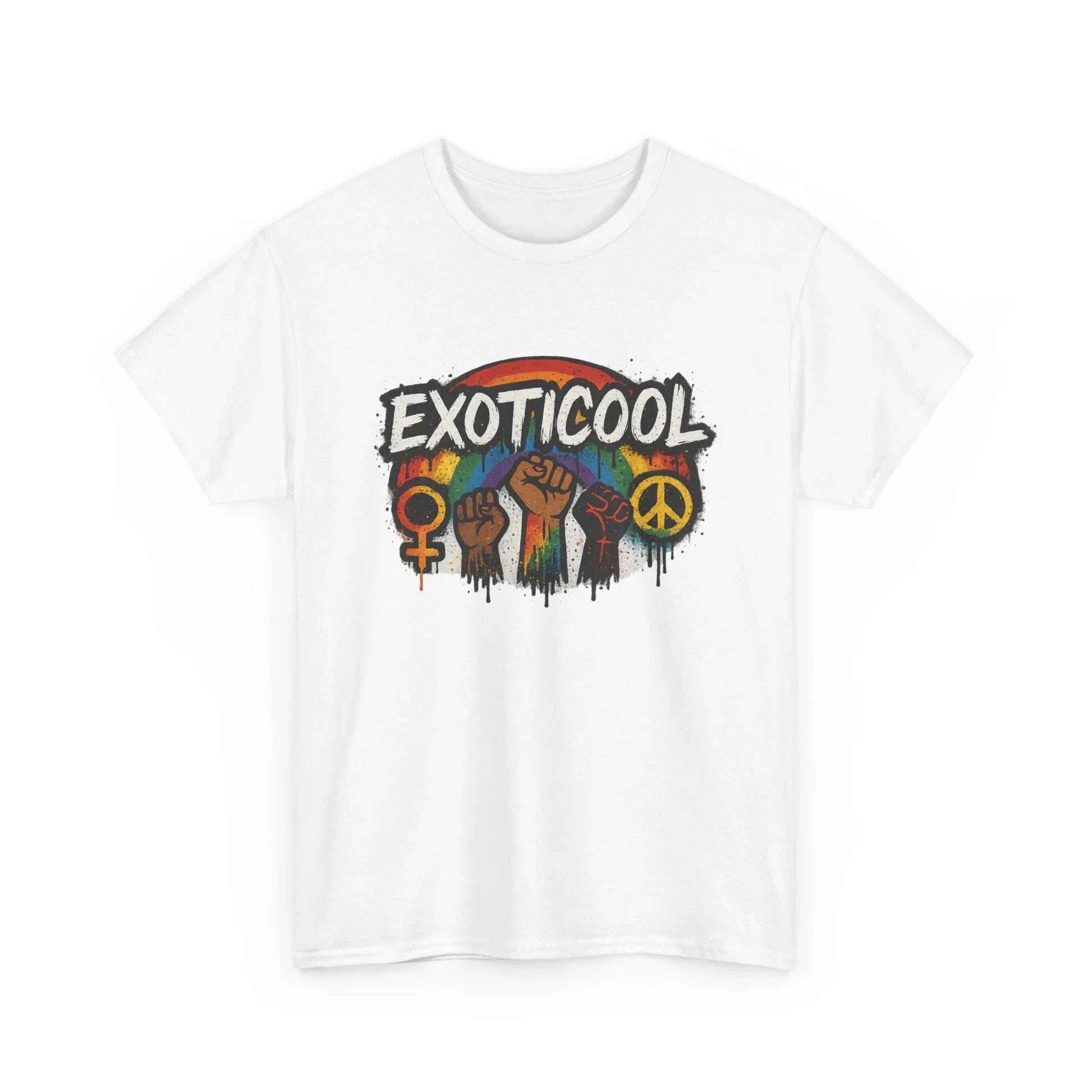 White EXOTICOOL t-shirt with rainbow fist graphic, peace and gender symbols, unisex design