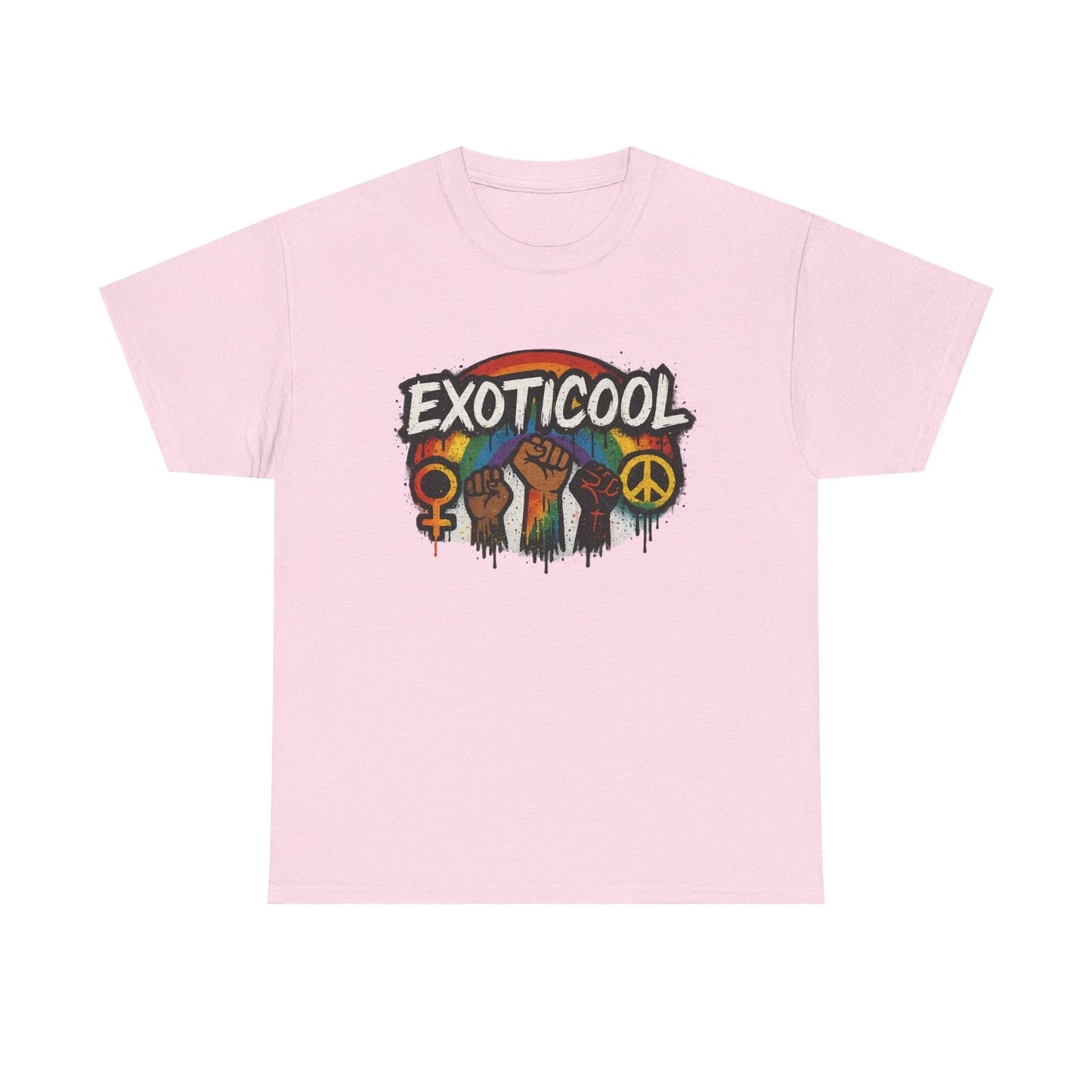 Pink EXOTICOOL t-shirt with rainbow, raised fists, peace and gender symbols graphic