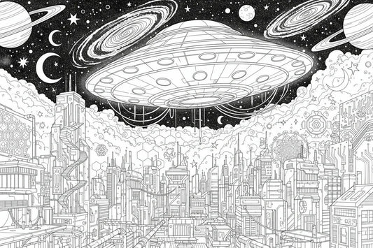 UFO spaceship hovering over futuristic city skyline with planets and stars in the night sky