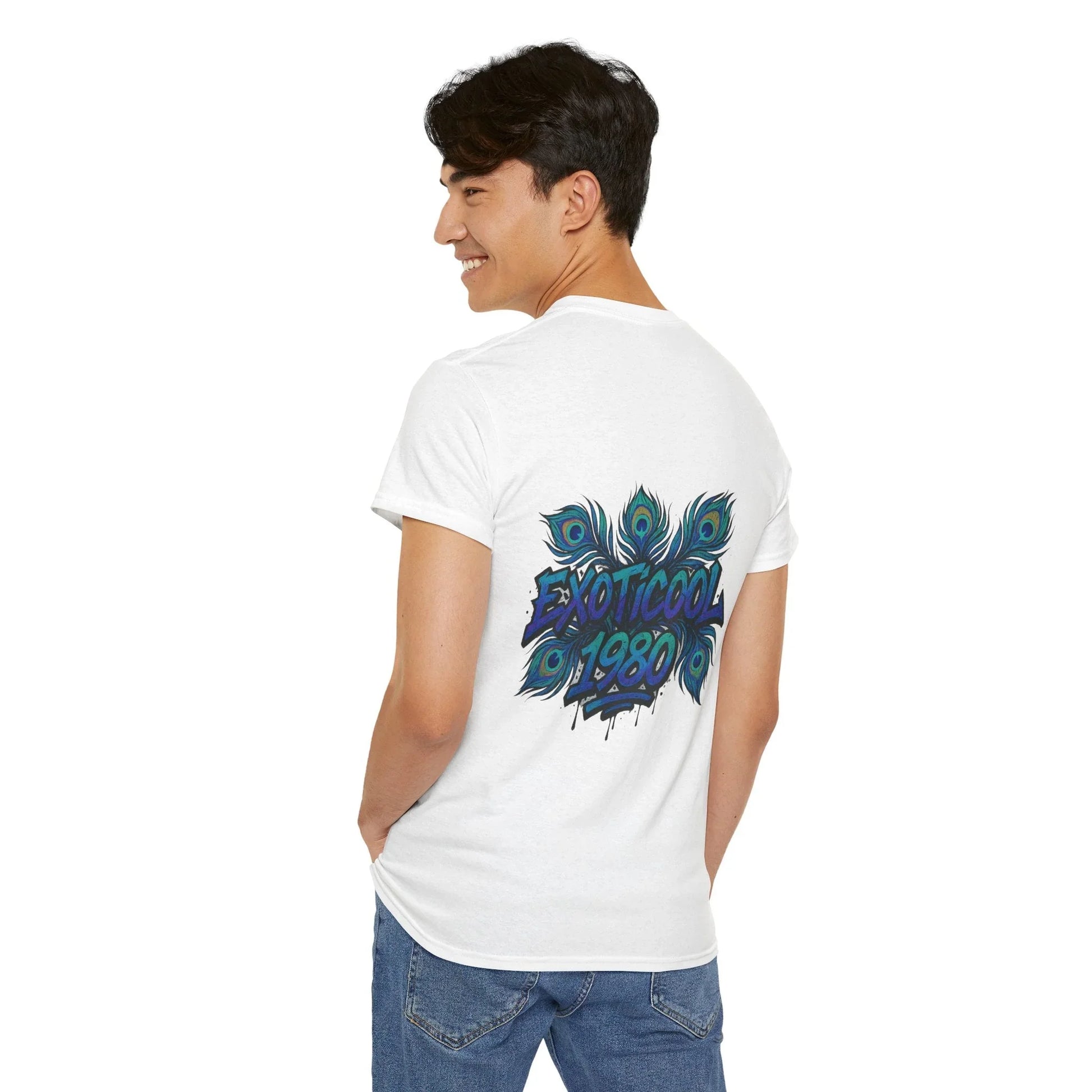 Man in white t-shirt with peacock feather and 'EXOTICOOL 1980' graphic on back
