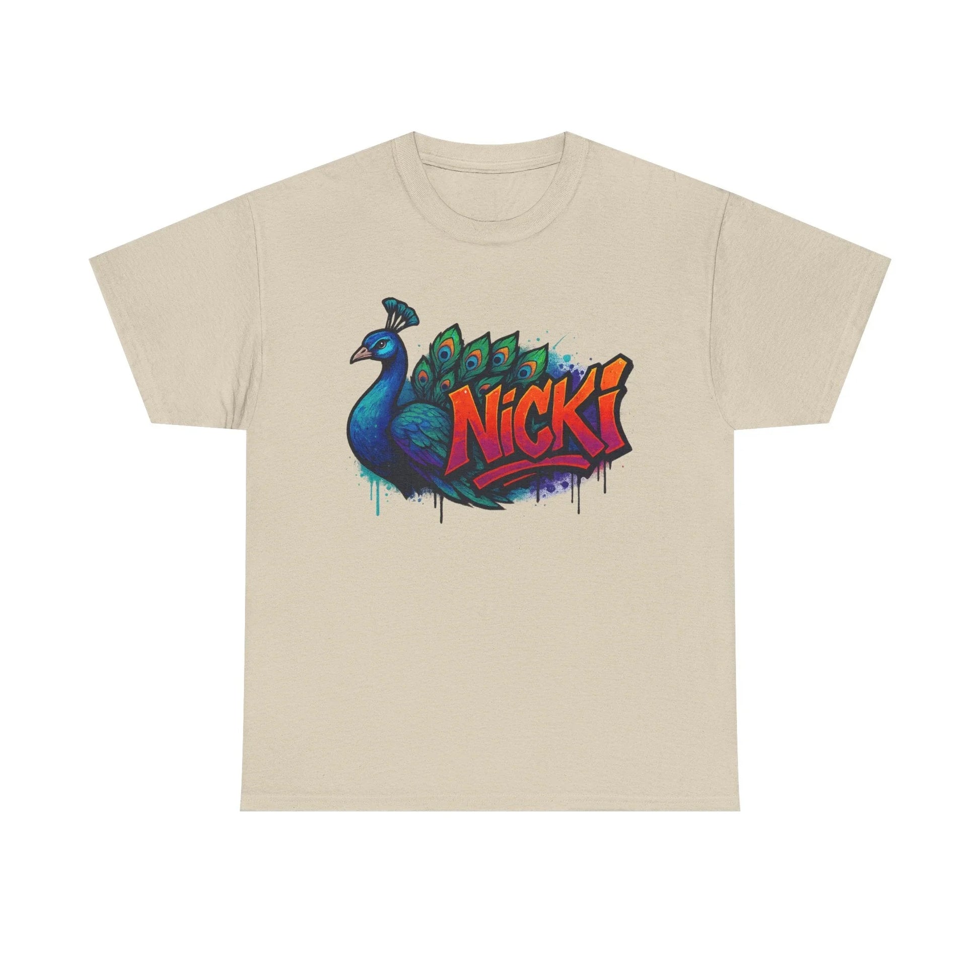 Beige t-shirt with colorful peacock and 'Nicki' graffiti graphic design on front