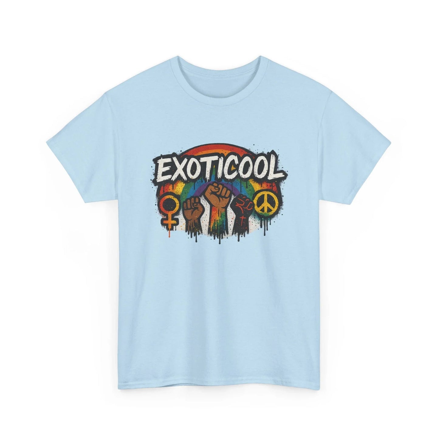 Light blue EXOTICOOL t-shirt with rainbow, raised fists, peace and feminism symbols