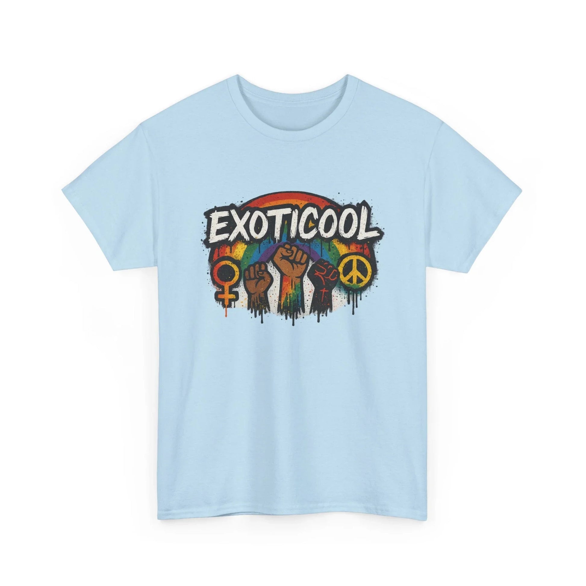 Light blue EXOTICOOL t-shirt with rainbow, raised fists, peace and feminism symbols