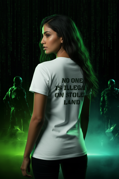 No One Is Illegal On Stolen Land Tee back view - bold stencil text statement - activist streetwear by Exoticool
