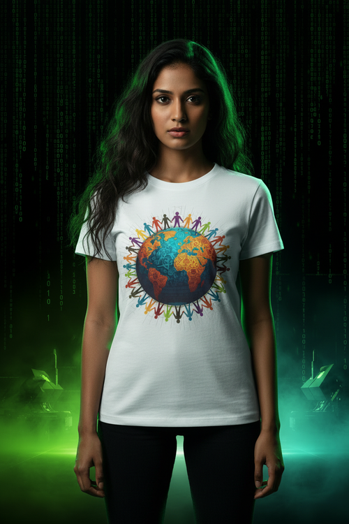 No One Is Illegal On Stolen Land Tee front view - Indian model wearing white unity t-shirt with colorful globe and diverse people graphic - Exoticool activist streetwear
