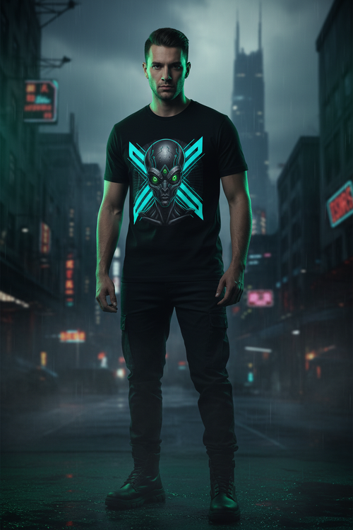 Exoticool Limited Drop 002 alien-futuristic streetwear tee with neon cyan design - pro-equality LGBTQ+ apparel