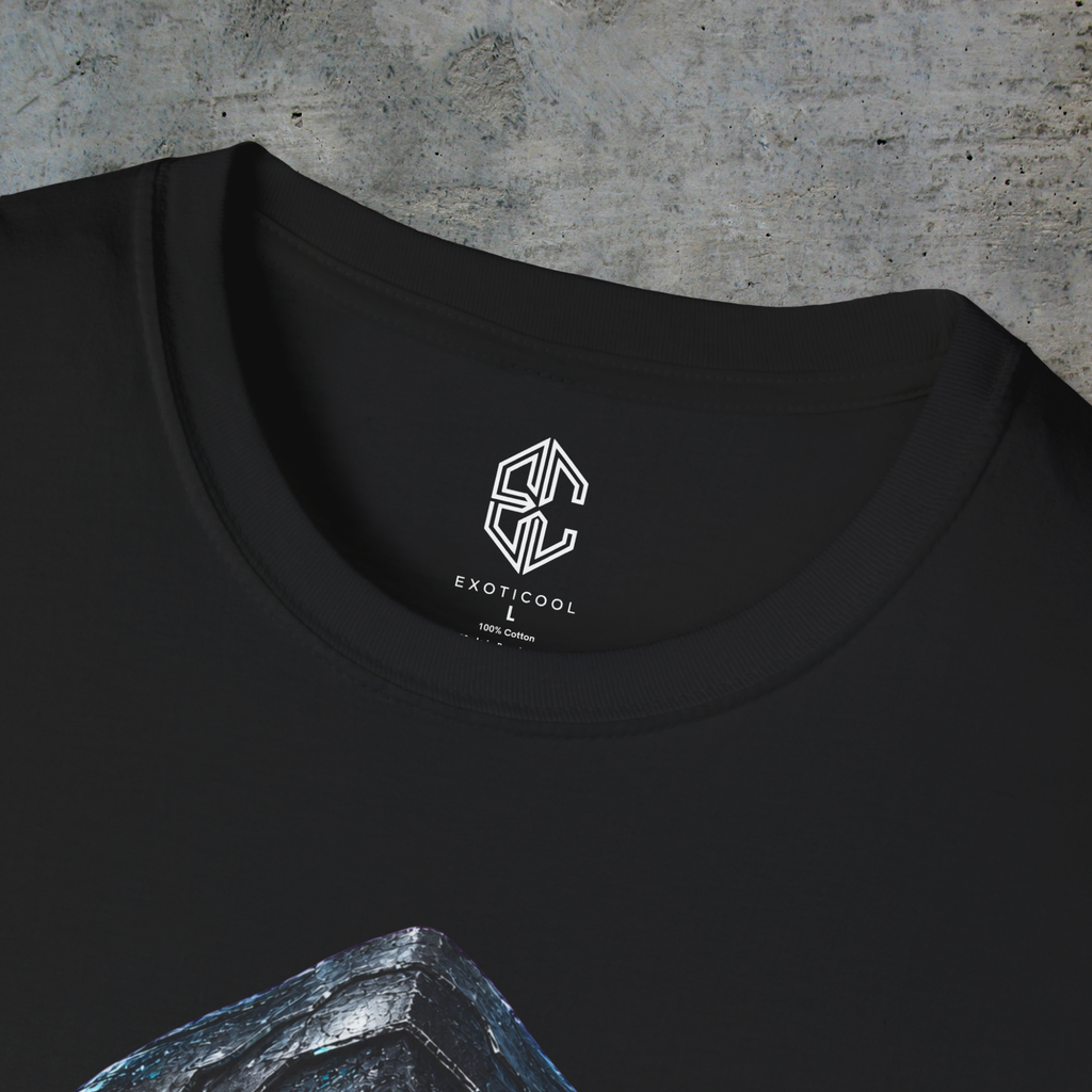 Close-up of the Exoticool printed neck label and collar on the black Earth Has No Borders graphic tee