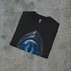 Folded black Earth Has No Borders tee showing the blue alien eye artwork and Exoticool printed neck label