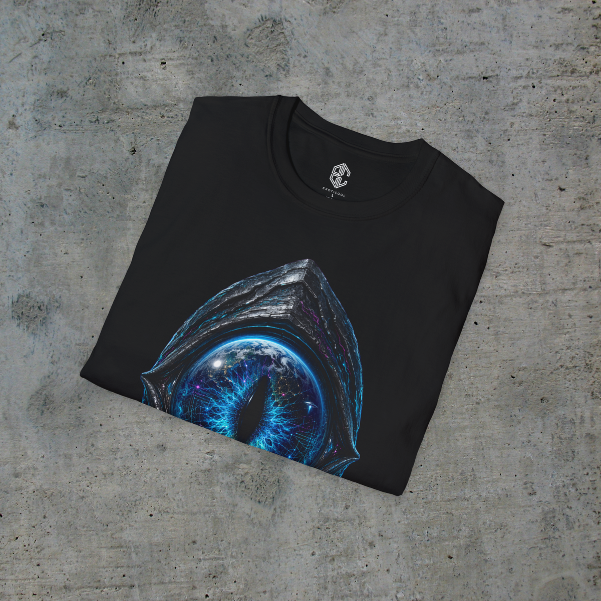 Folded black Earth Has No Borders tee showing the blue alien eye artwork and Exoticool printed neck label