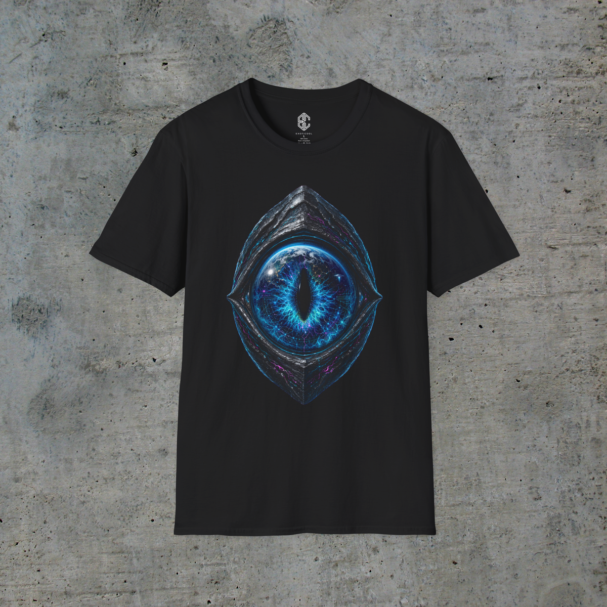 Front view of black Earth Has No Borders graphic tee with a futuristic blue alien eye and Earth artwork