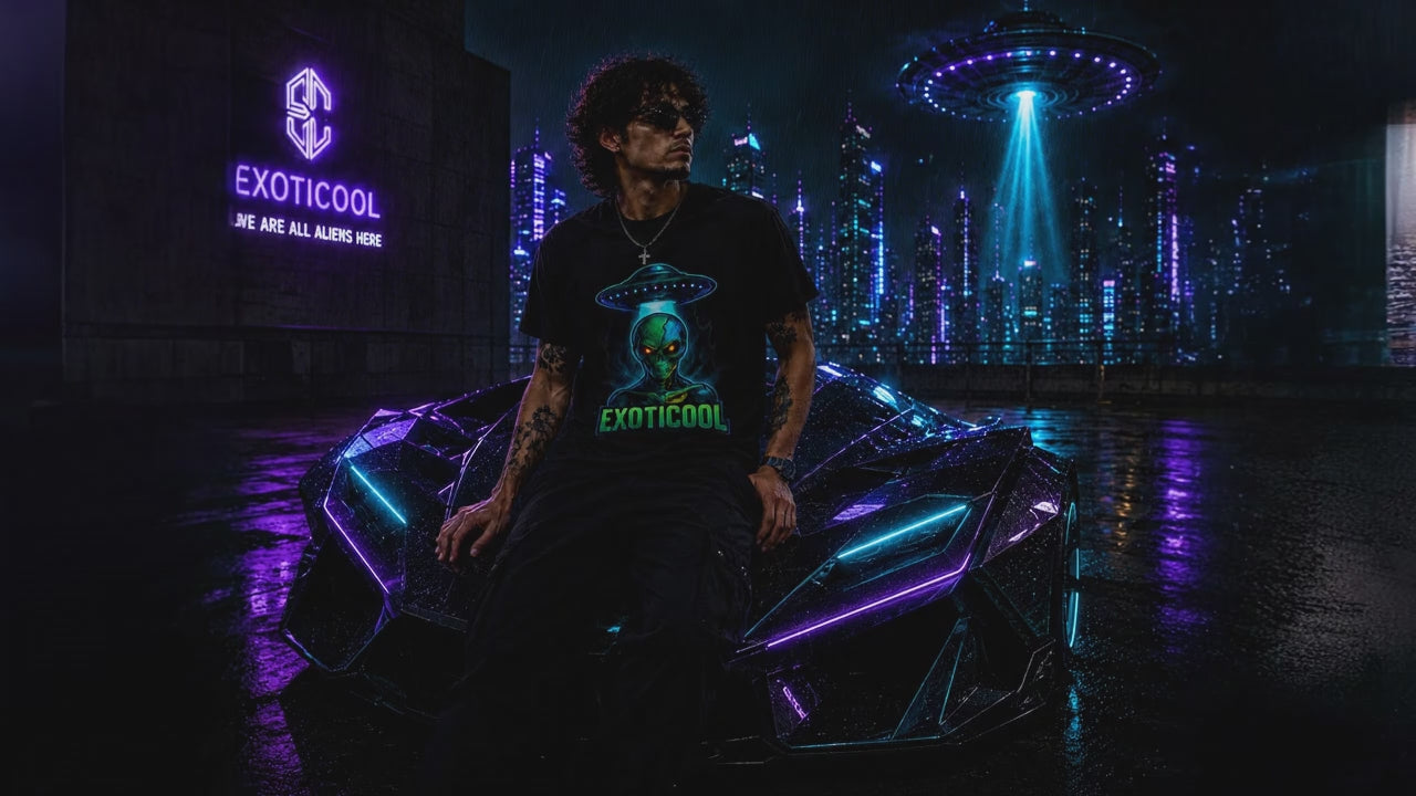 Male model wears the black Exoticool They don't want you to know tee subtly animate under neon rain.