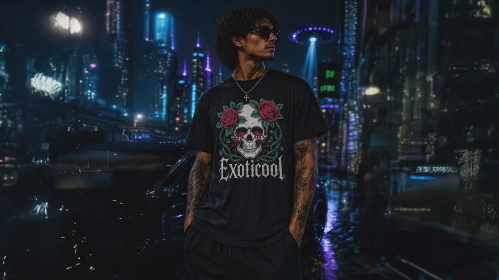 Male model wears the black Exoticool System Glitch T-shirt as the skull, crimson roses and thorned vines subtly animate under neon rain.