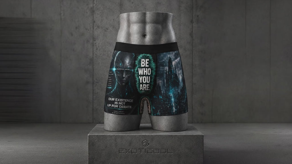 Rotating 360-degree view of Exoticool Drop 002 premium boxer briefs featuring alien artwork, futuristic cyberpunk city graphics, and a cinematic UFO design on the back.
