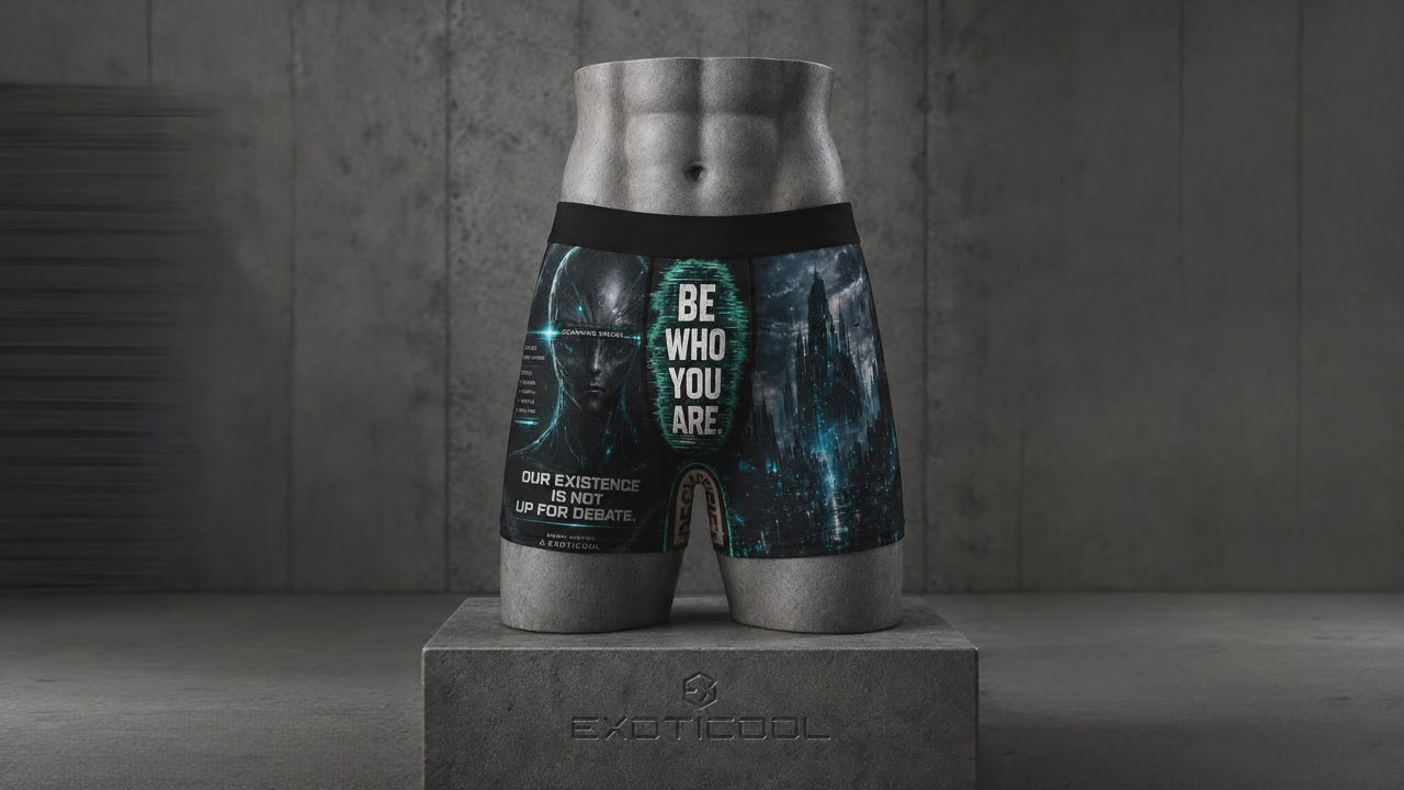 Rotating 360-degree view of Exoticool Drop 002 premium boxer briefs featuring alien artwork, futuristic cyberpunk city graphics, and a cinematic UFO design on the back.