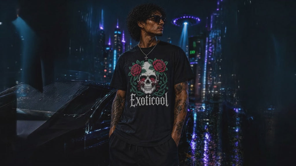 Male model walks forward and gently pulls the System Glitch T-shirt outward, displaying its skull-and-roses artwork, fabric and fit.