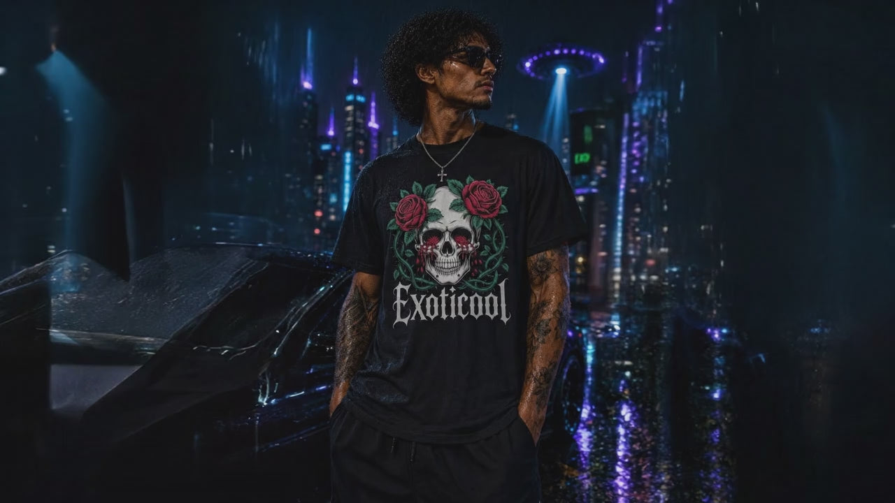 Male model walks forward and gently pulls the System Glitch T-shirt outward, displaying its skull-and-roses artwork, fabric and fit.