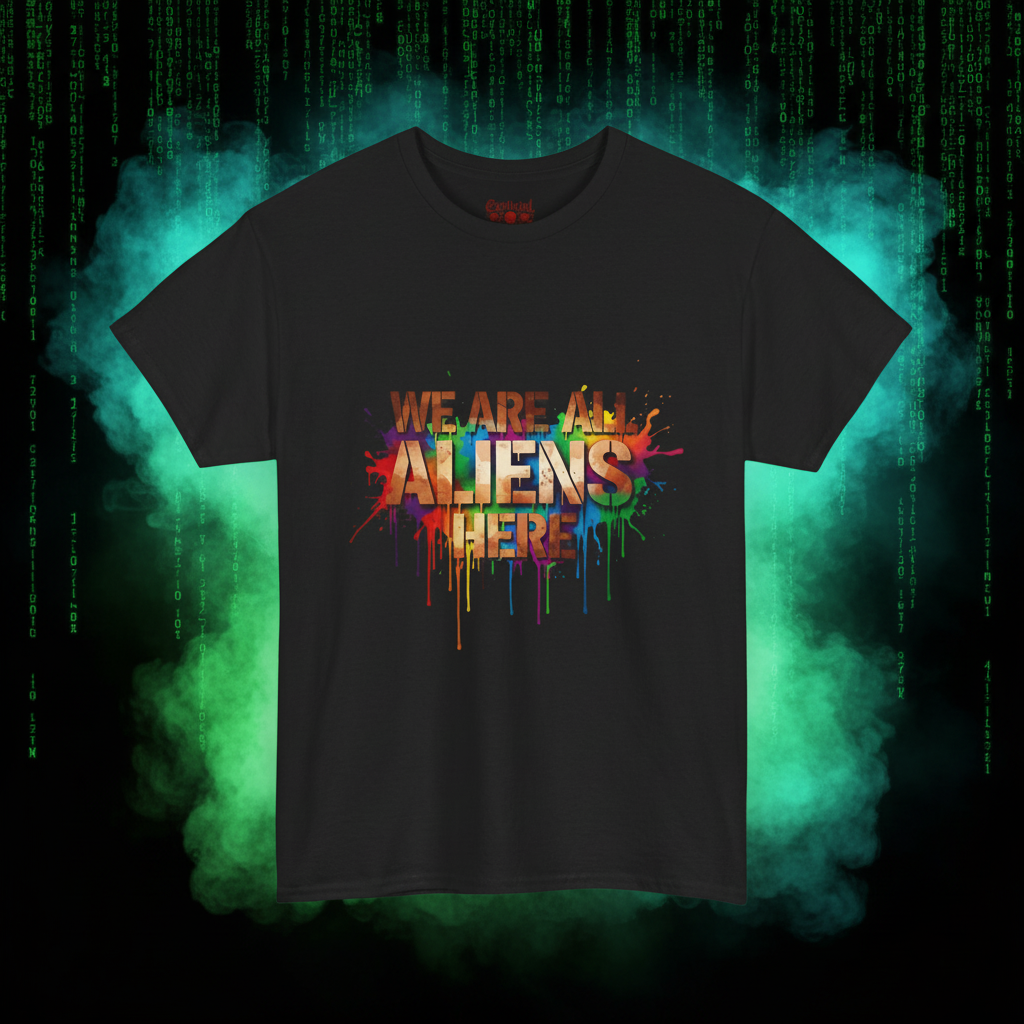 Alien Pride T‑Shirt — "We Are All Aliens Here" Colorful Drip Graphic Tee