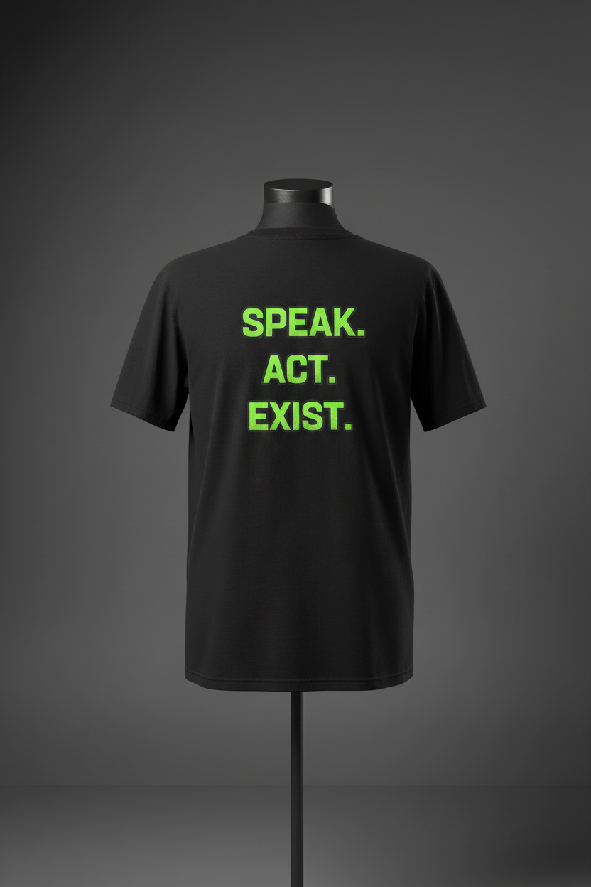 Back view of black Exoticool Speak. Act. Exist. T-shirt on mannequin featuring bold “Speak. Act. Exist.” statement graphic