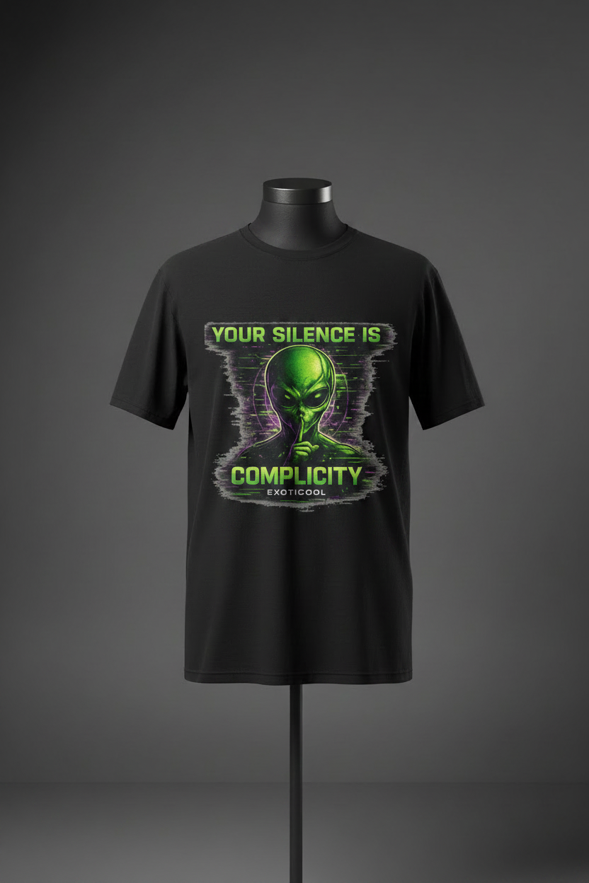 ront view of black Exoticool Your Silence Is Complicity T-shirt on mannequin featuring bold “Your Silence Is Complicity” statement graphic