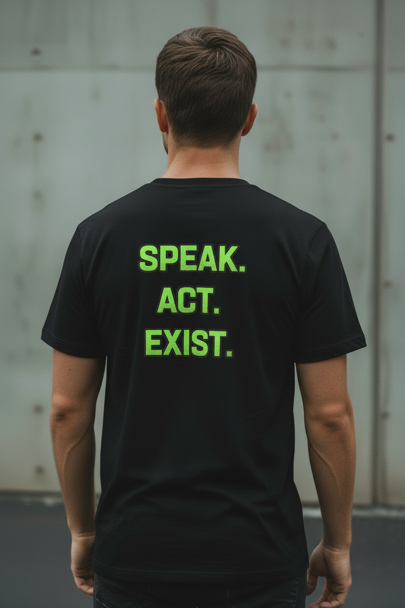 Back view of male model wearing black Exoticool Speak. Act. Exist. T-shirt featuring bold “Speak. Act. Exist.” statement graphic in an urban setting