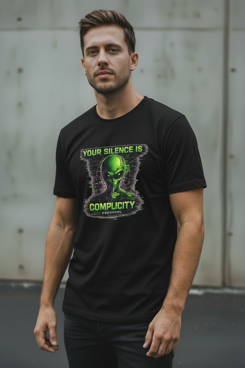 Male model wearing black Exoticool Your Silence Is Complicity T-shirt with bold front statement graphic in an urban setting