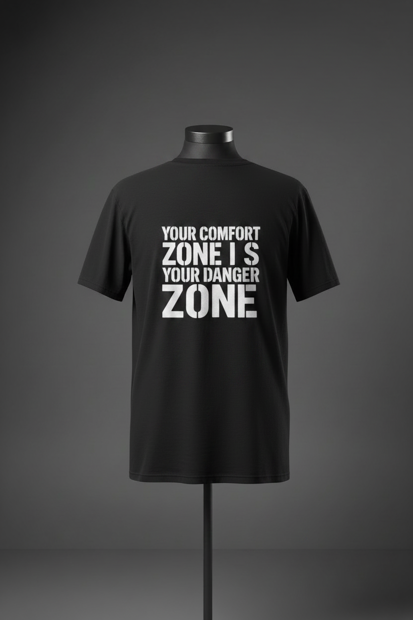 Back of black Exoticool System Glitch Tee featuring white “Your Comfort Zone Is Your Danger Zone” statement graphic