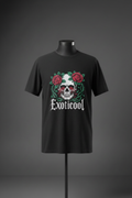 Black Exoticool System Glitch Tee with skull, red roses and green vine graphic on front, displayed on black mannequin