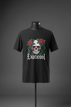 Black Exoticool System Glitch Tee with skull, red roses and green vine graphic on front, displayed on black mannequin