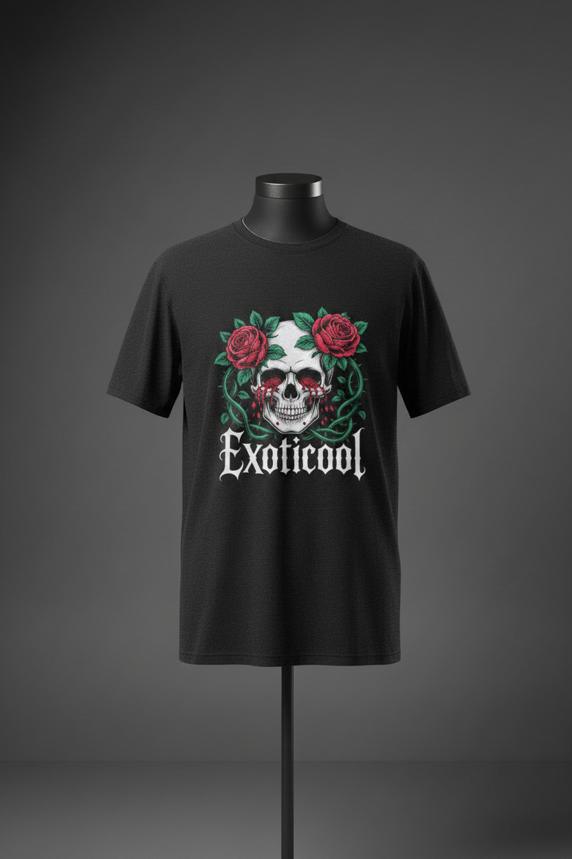 Black Exoticool System Glitch Tee with skull, red roses and green vine graphic on front, displayed on black mannequin