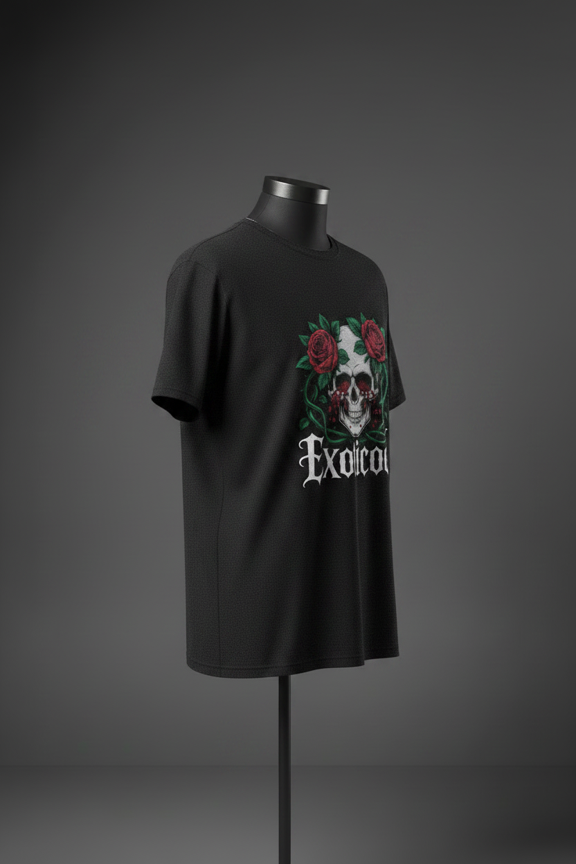 Left side view of black Exoticool System Glitch Tee on mannequin showing fit and front skull-and-roses graphic placement