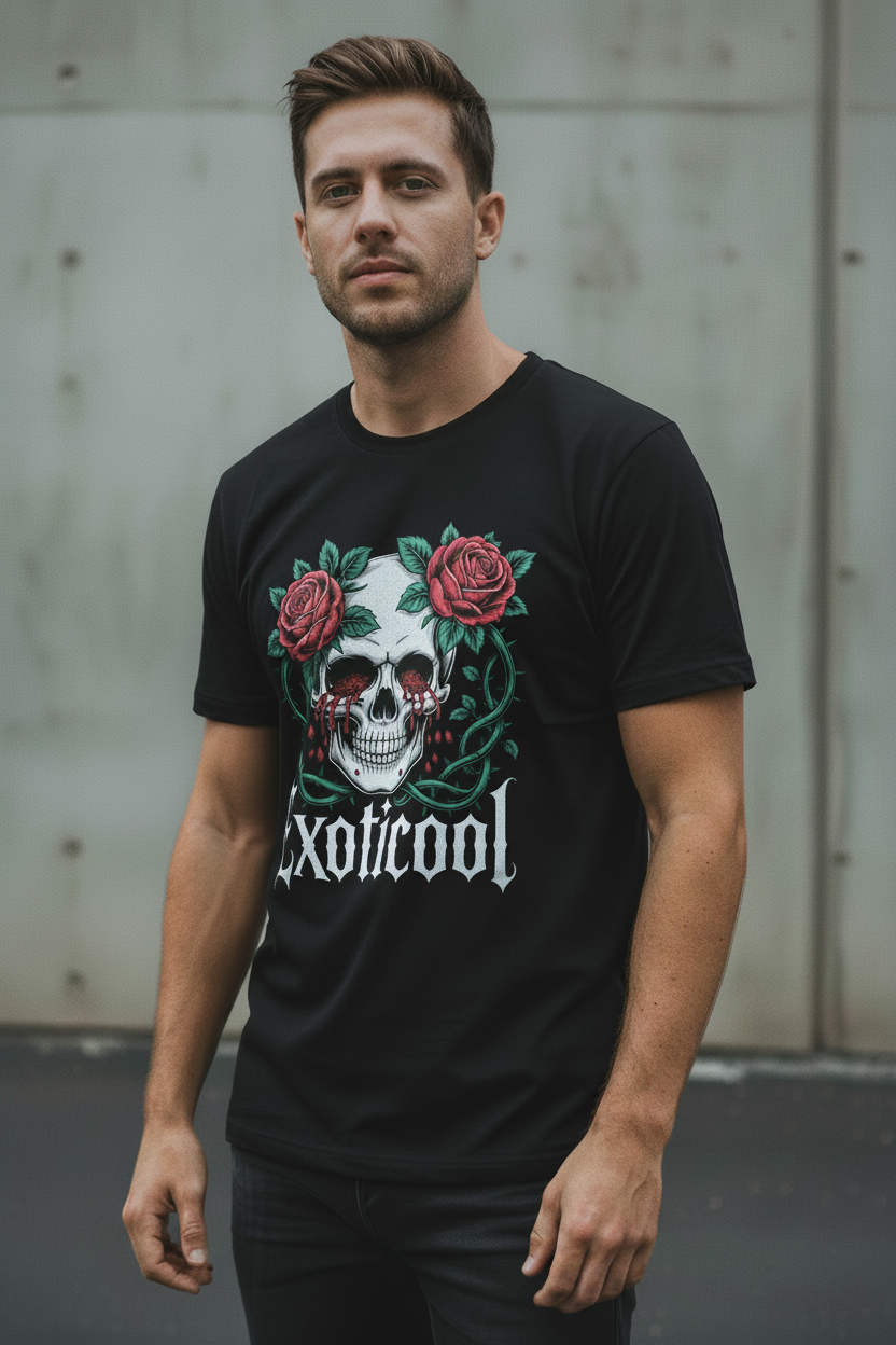 Male model wearing black Exoticool System Glitch Tee with skull, red roses and green vine graphic in an urban setting