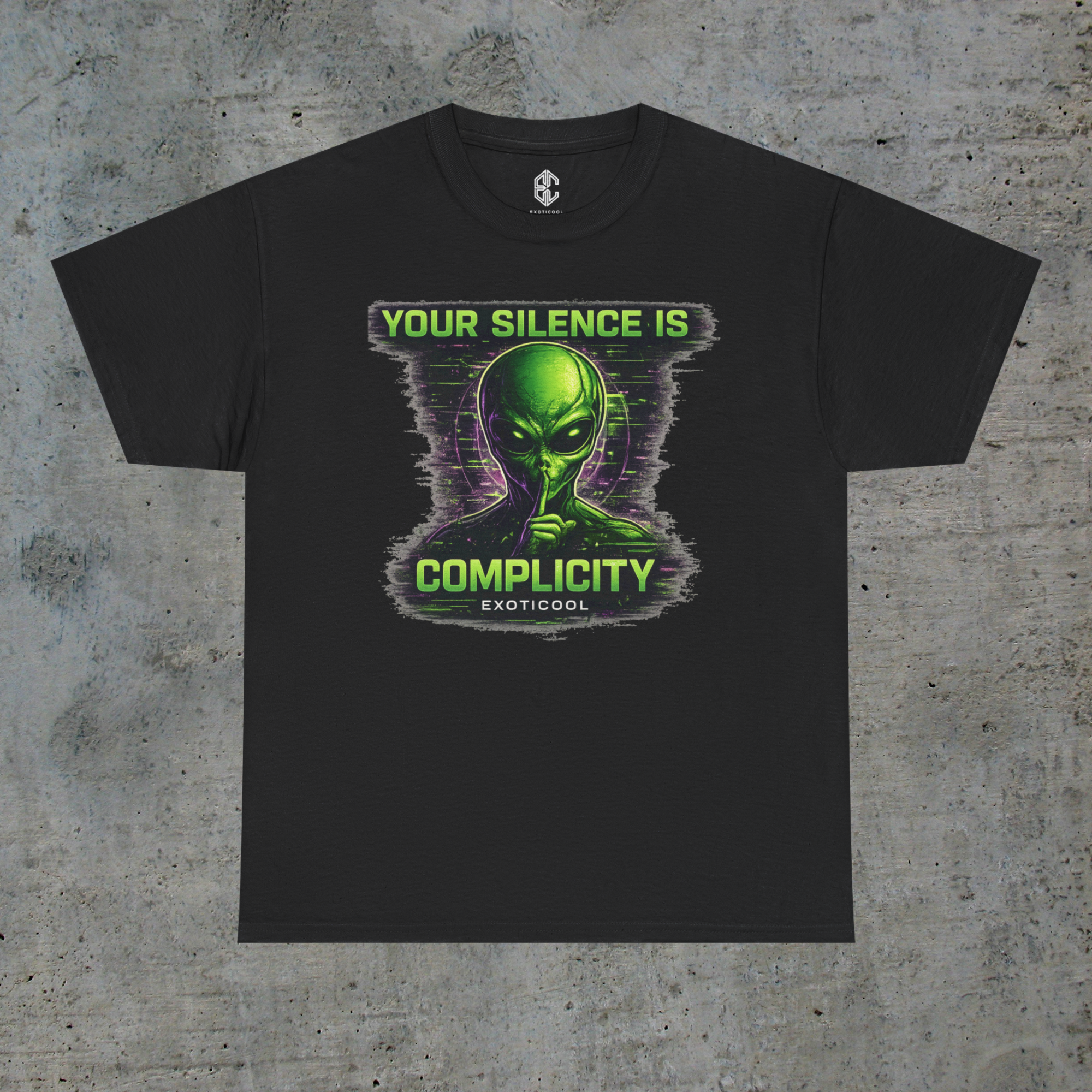 Front view of black Your Silence Is Complicity activist graphic tee with green alien artwork
