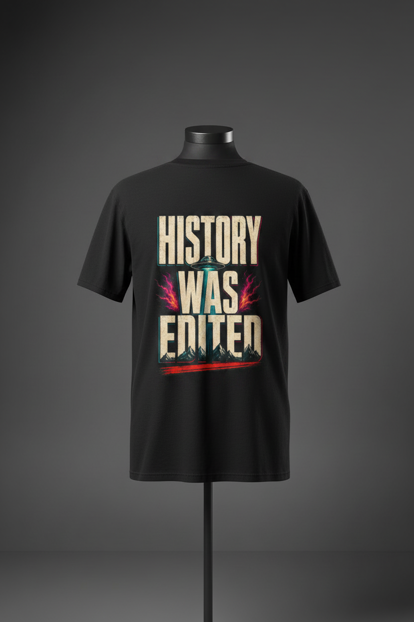 Back view of black Exoticool They Were Here First Tee on mannequin featuring distressed “History Was Edited” graphic with UFO, electric energy and mountain silhouette