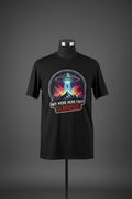 Front view of black Exoticool They Were Here First Vintage UFO Graphic Tee on mannequin featuring cinematic UFO, mountain scene and “They Were Here First. Classified.” front artwork